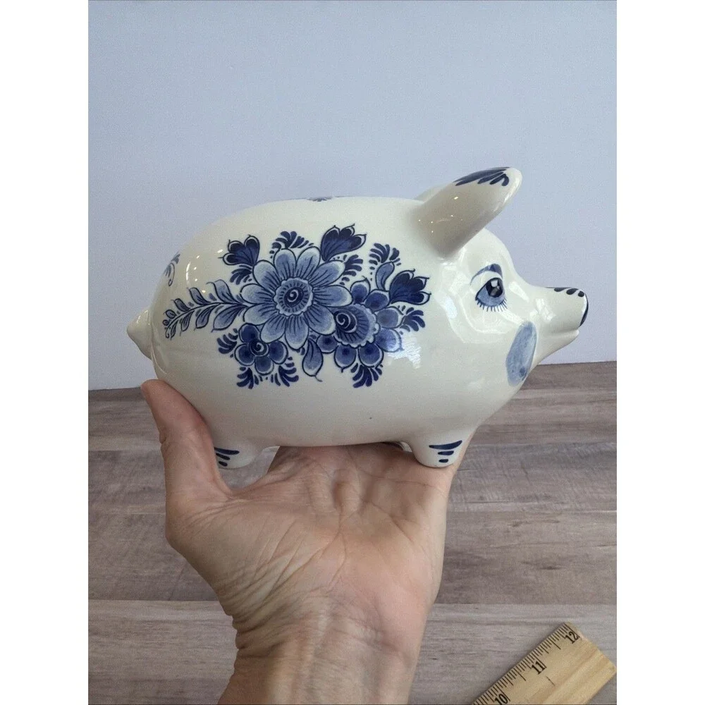 Delft Blue Holland Floral With Stopper Hand Painted Piggy / Coin Bank